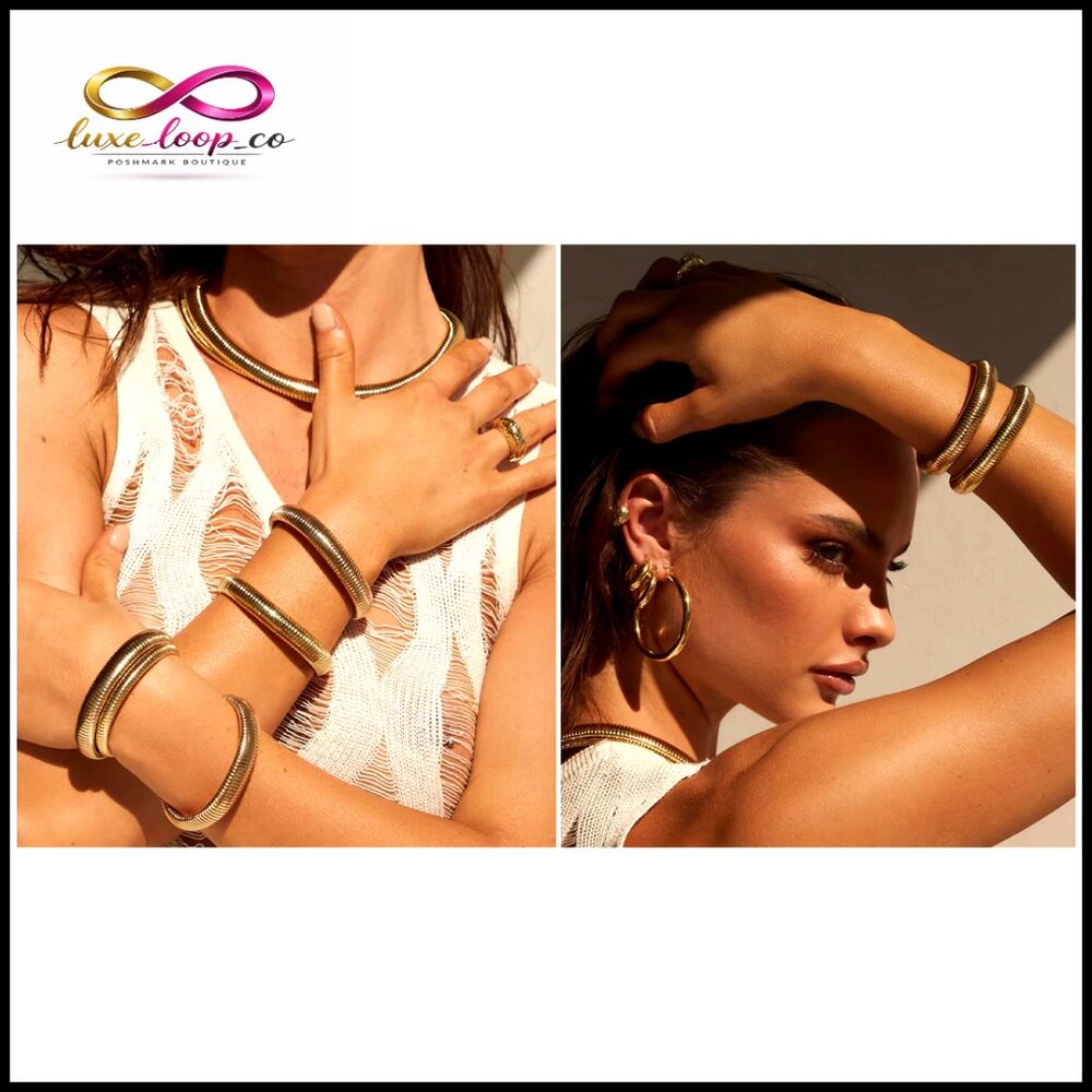 Chunky Gold Bangle Bracelet Set Stackable Stretch… - image 7